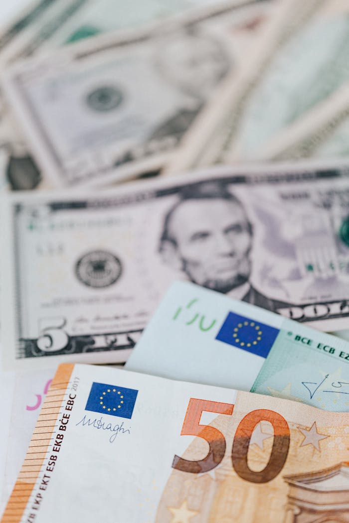 Close-up of various euro and dollar banknotes, symbolizing currency exchange and finance.